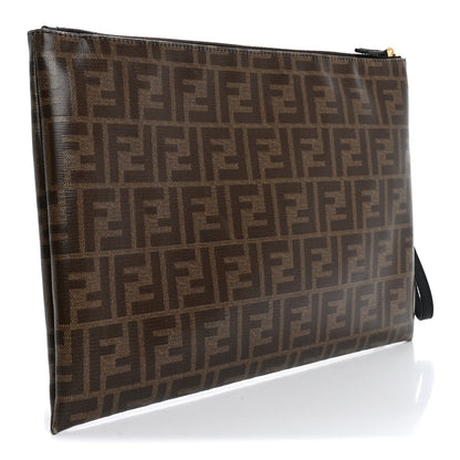 Fendi Glazed Fabric Vitello Century FF 1974 Stamp Patch Large Flat Pouch Mogano Panna Black 3 of 13