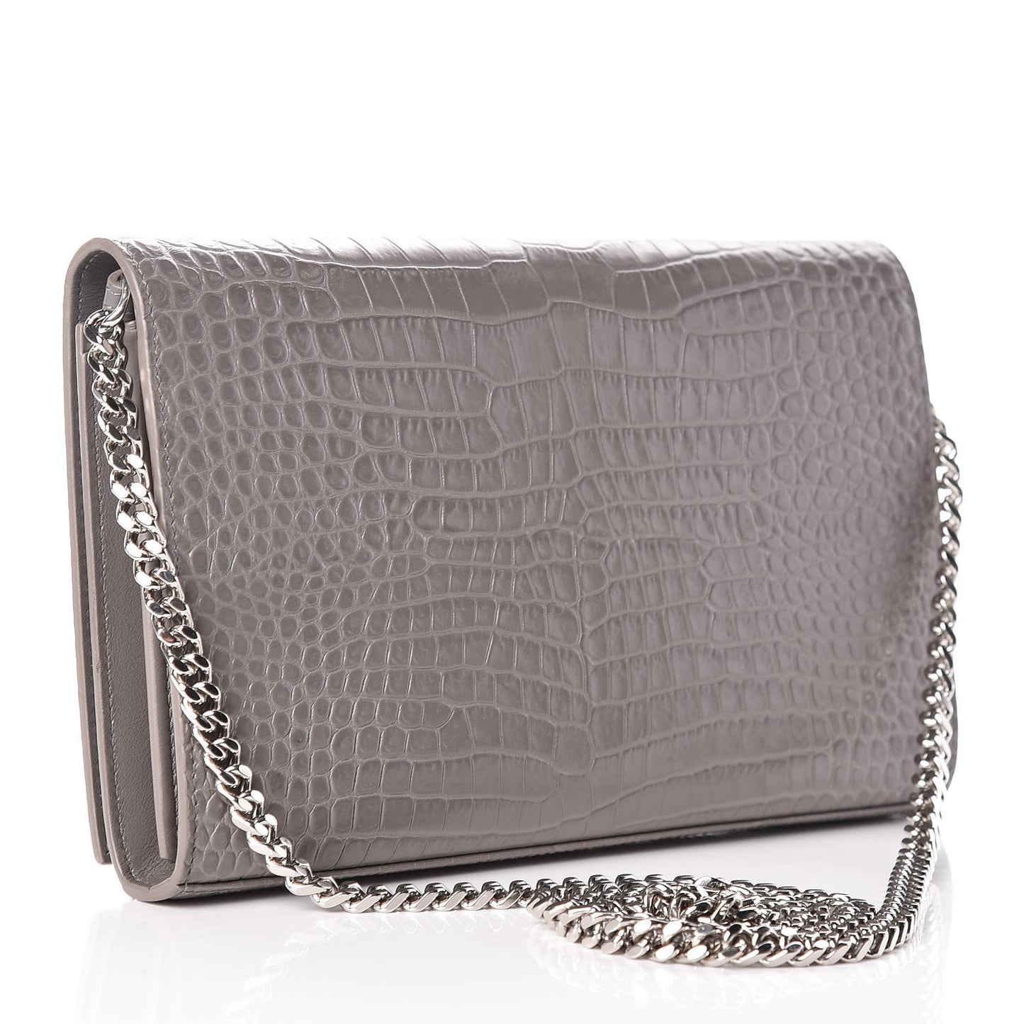 Calfskin Crocodile Embossed Monogram Chain Wallet Fog
