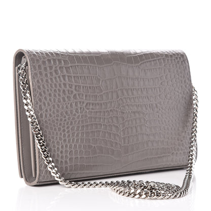 Saint Laurent Calfskin Crocodile Embossed Monogram Chain Wallet Fog 3 of 8