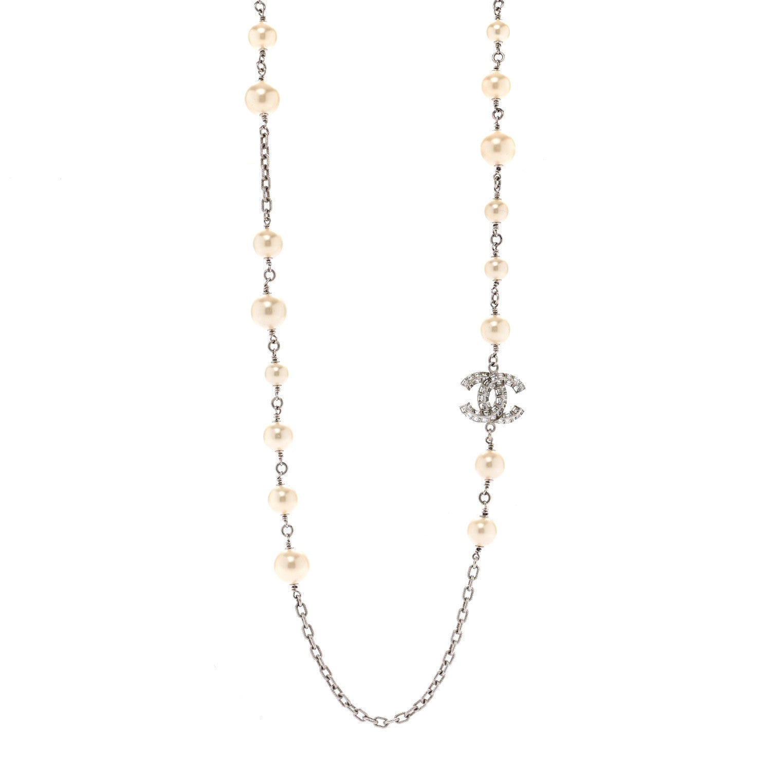 Chanel Pearl Baguette Crystal CC Long Necklace Silver 1 of 7