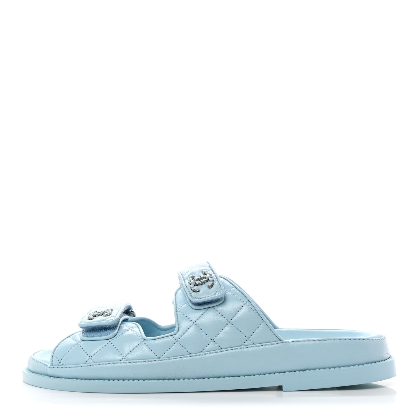 Laminated Lambskin Quilted Velcro Dad Chain CC Slide Sandals 39.5 Light Blue