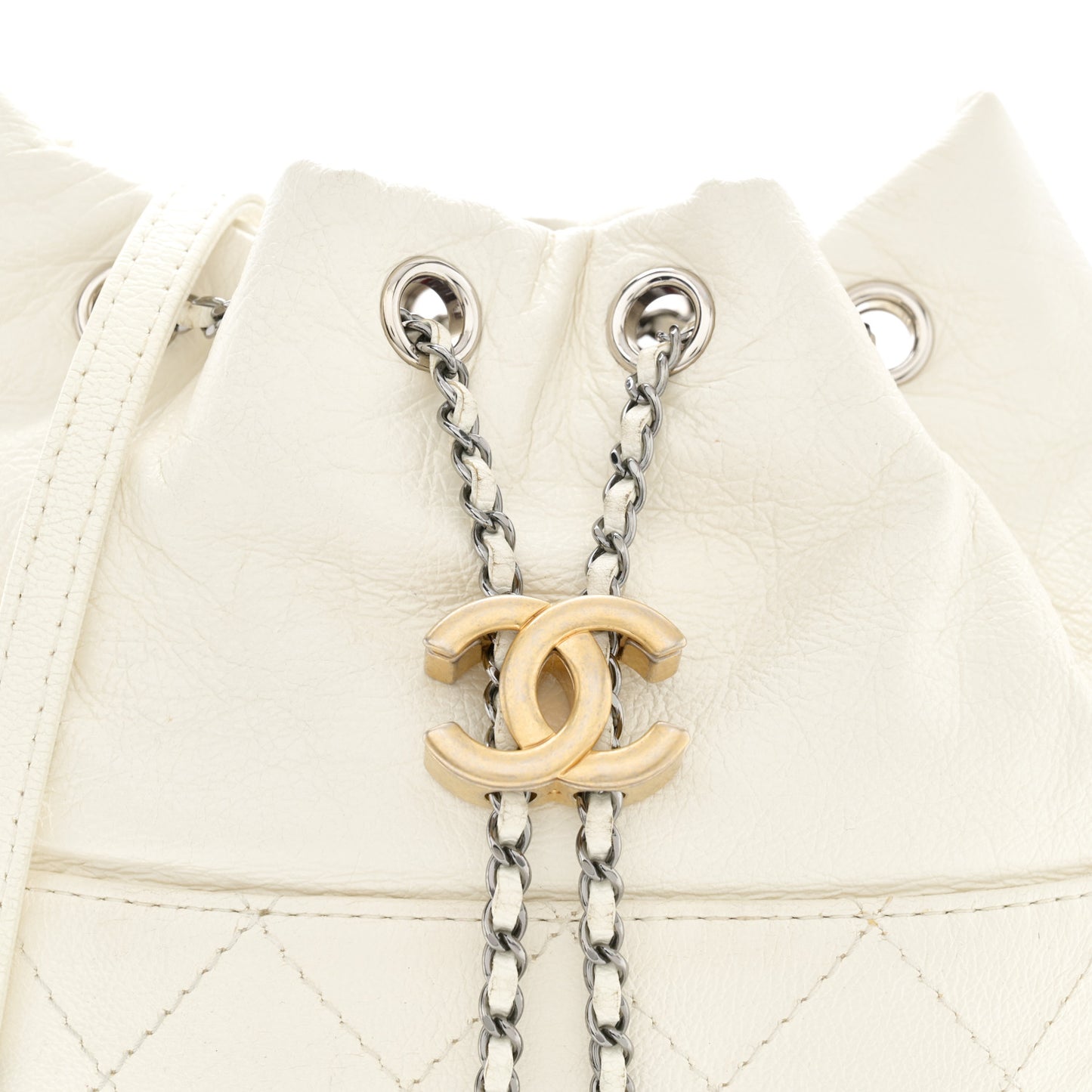 Aged Calfskin Quilted Small Gabrielle Bucket White