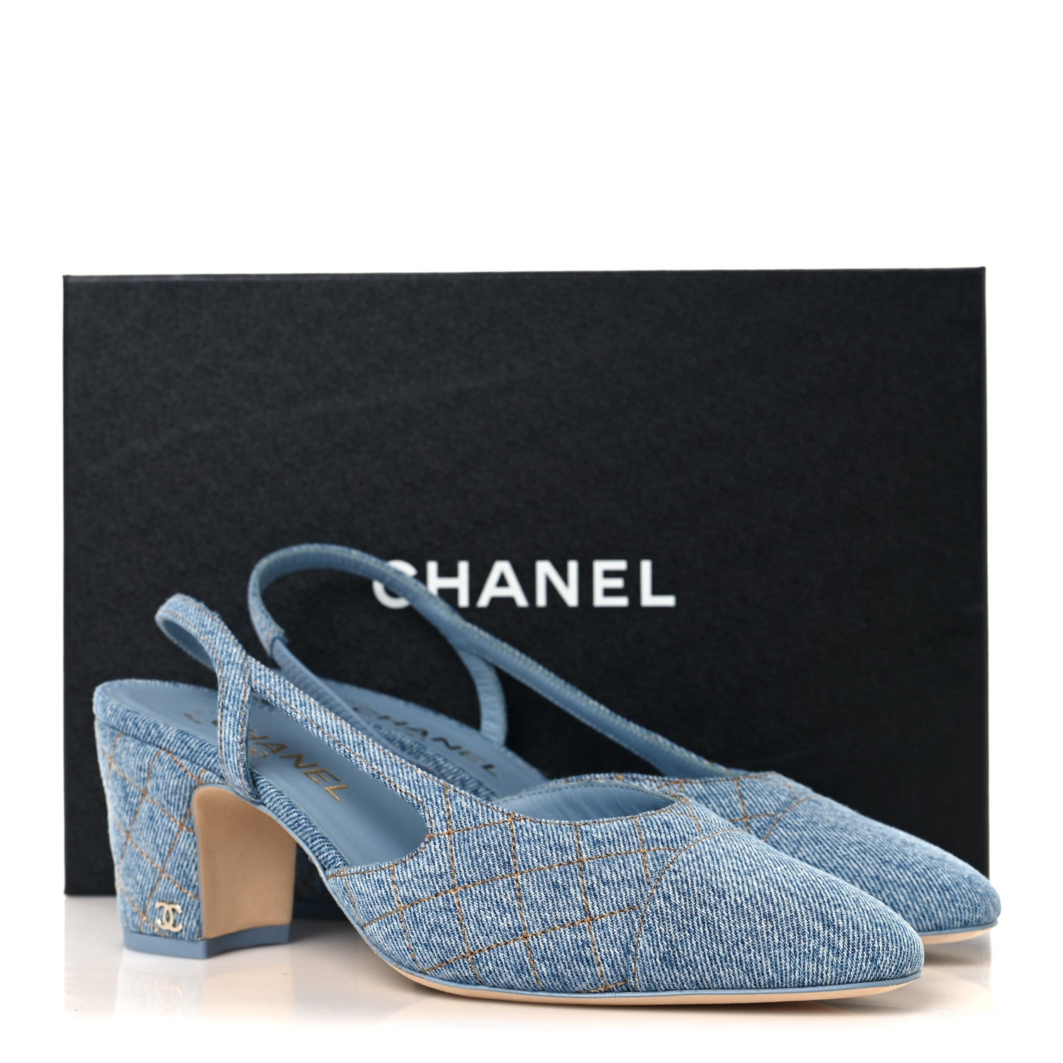 Chanel Printed Denim Cap Toe CC Slingback Pumps 39 Light Blue 10 of 10