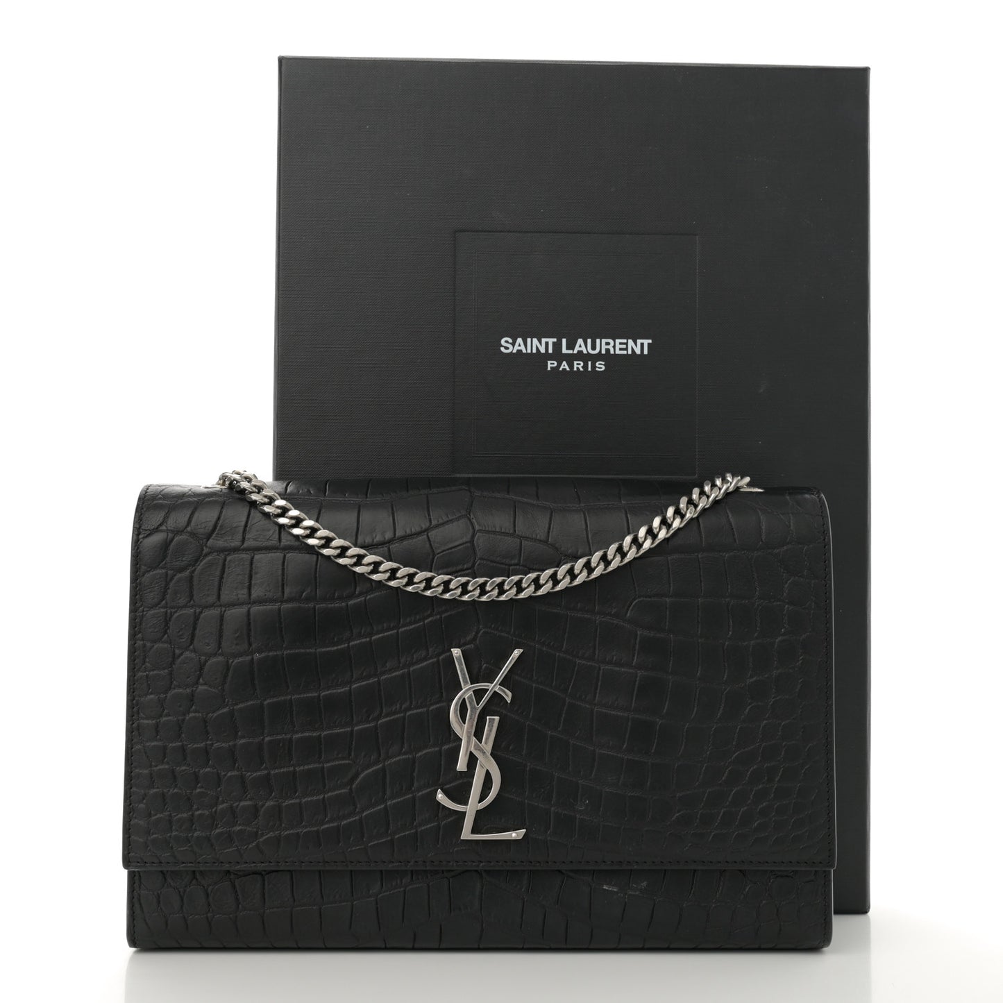 Calfskin Crocodile Embossed Large Classic Monogram Kate Satchel Black