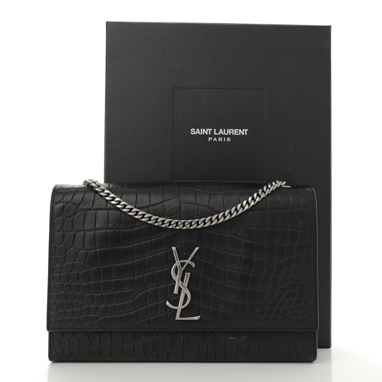 Saint Laurent Calfskin Crocodile Embossed Large Classic Monogram Kate Satchel Black 15 of 15