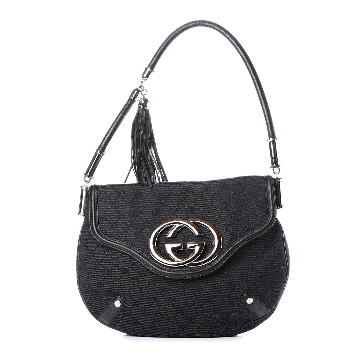 Gucci Denim Monogram Britt Tassel Shoulder Bag Black 1 of 13