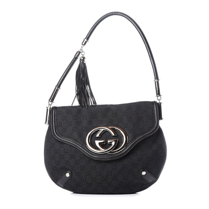 Gucci Denim Monogram Britt Tassel Shoulder Bag Black 1 of 13