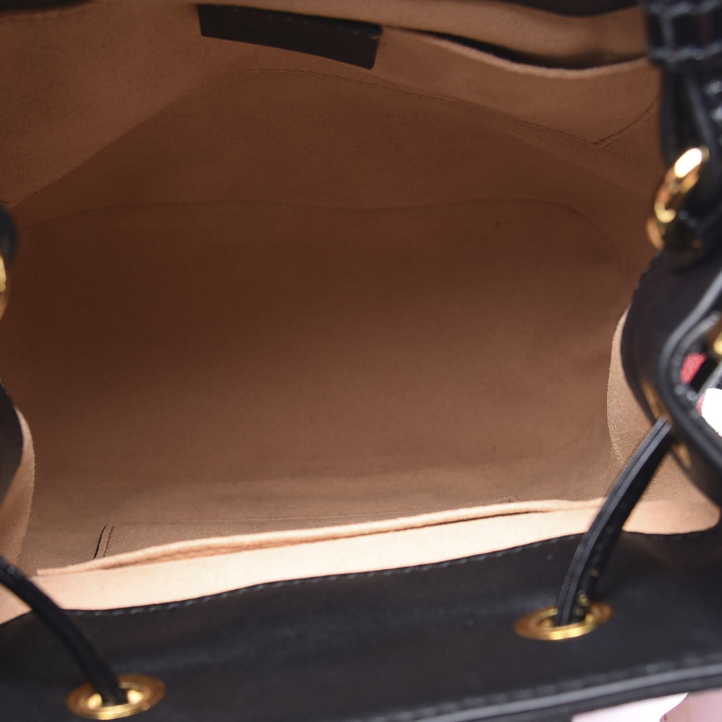 Suede Patent Web Small Ophidia Bucket Bag Hibiscus Red Black