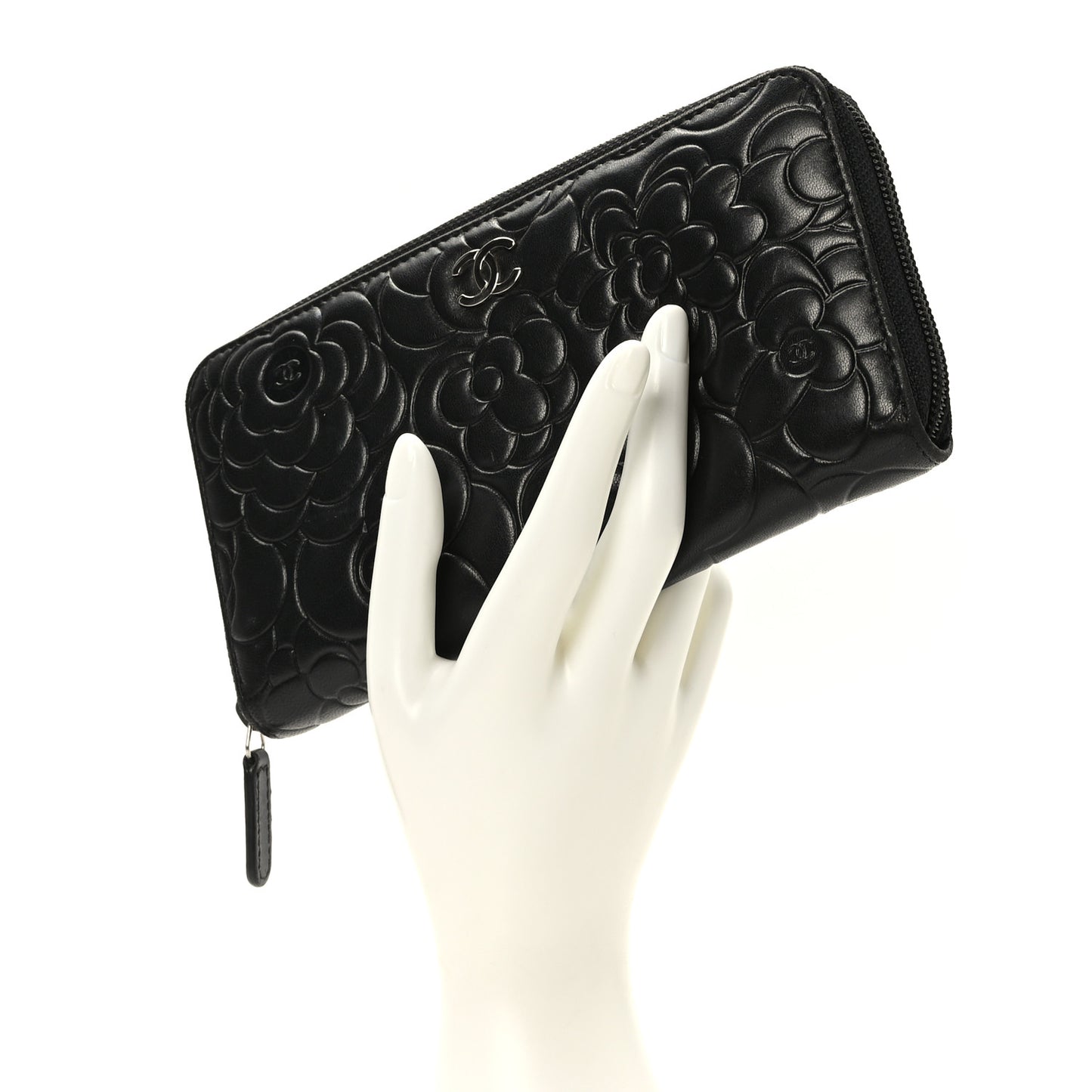 Lambskin Camellia Embossed Large Zip Around Gusset Wallet Black