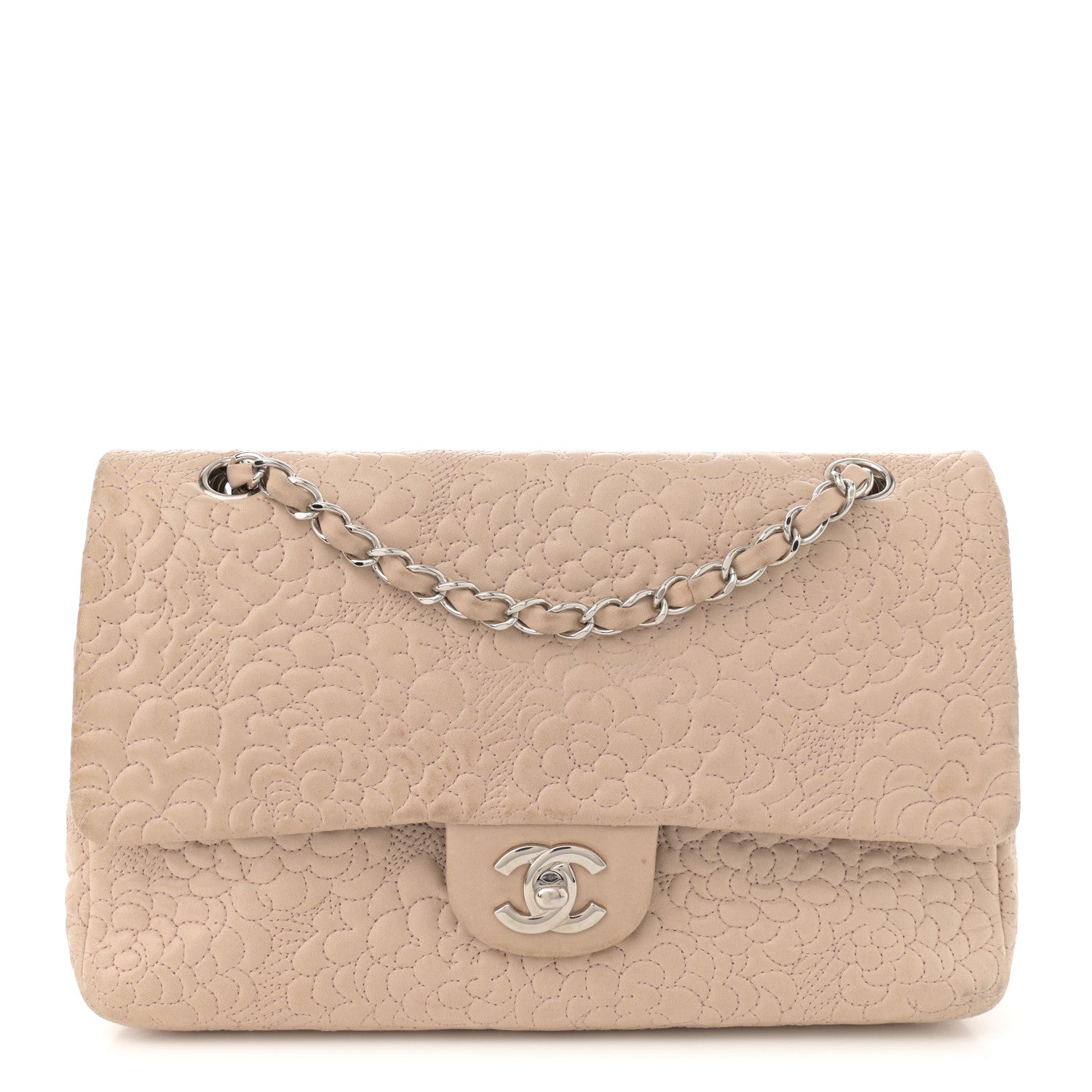 Chanel Lambskin Camellia Stitched Medium Double Flap Light Beige 1 of 16