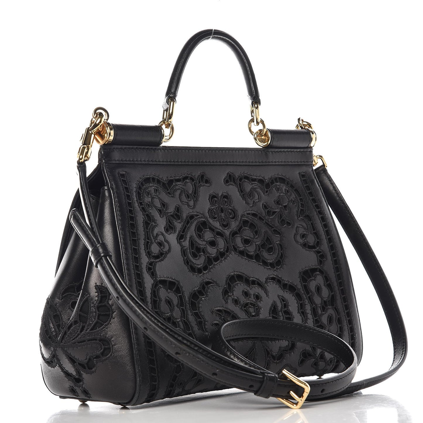 Calfskin Medium Embroidered Laser Cut Miss Sicily Satchel Black