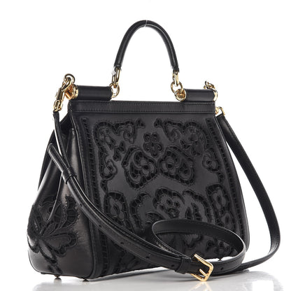 Dolce & Gabbana Calfskin Medium Embroidered Laser Cut Miss Sicily Satchel Black 3 of 8