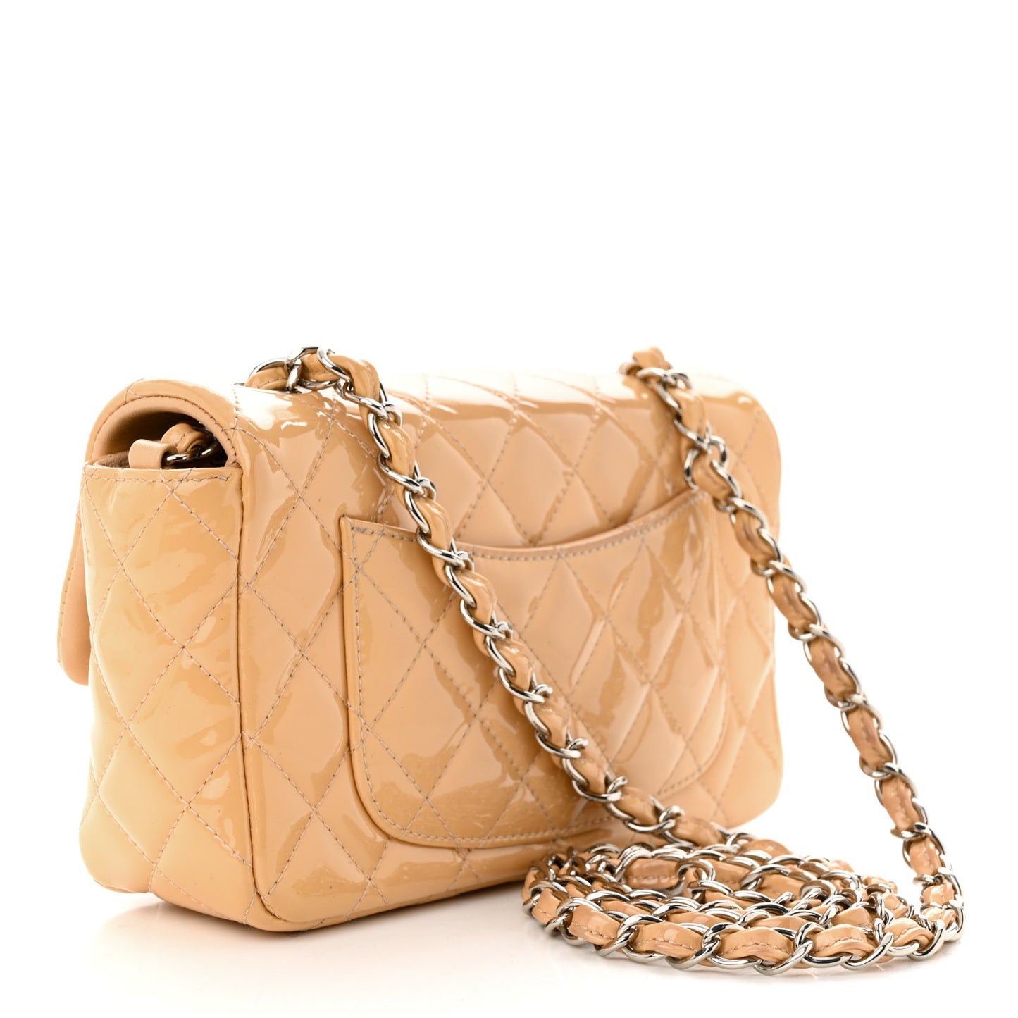 Patent Calfskin Quilted Mini Rectangular Flap Beige