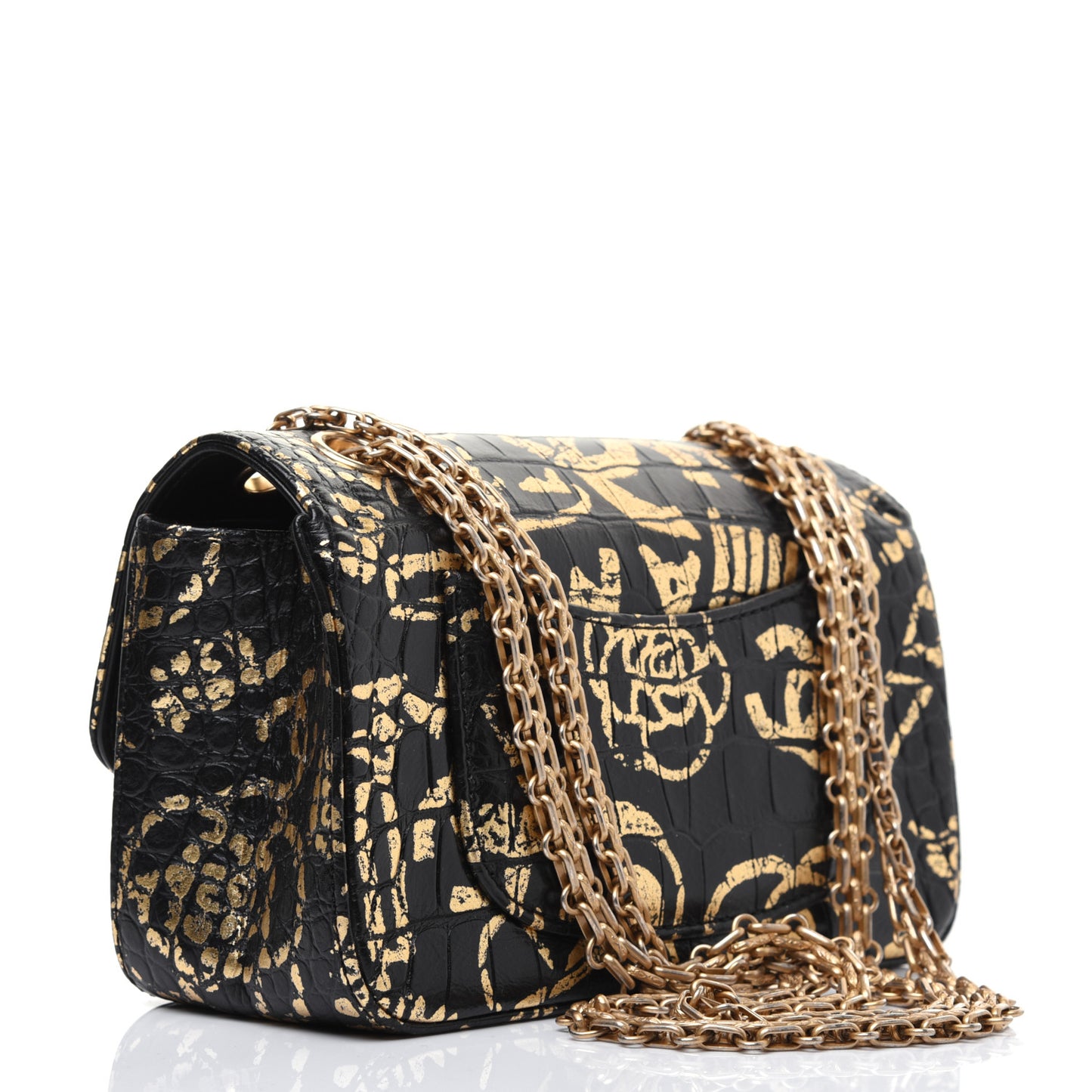 Calfskin Crocodile Embossed Graffiti 2.55 Mini Cocodile Reissue Flap Black Gold