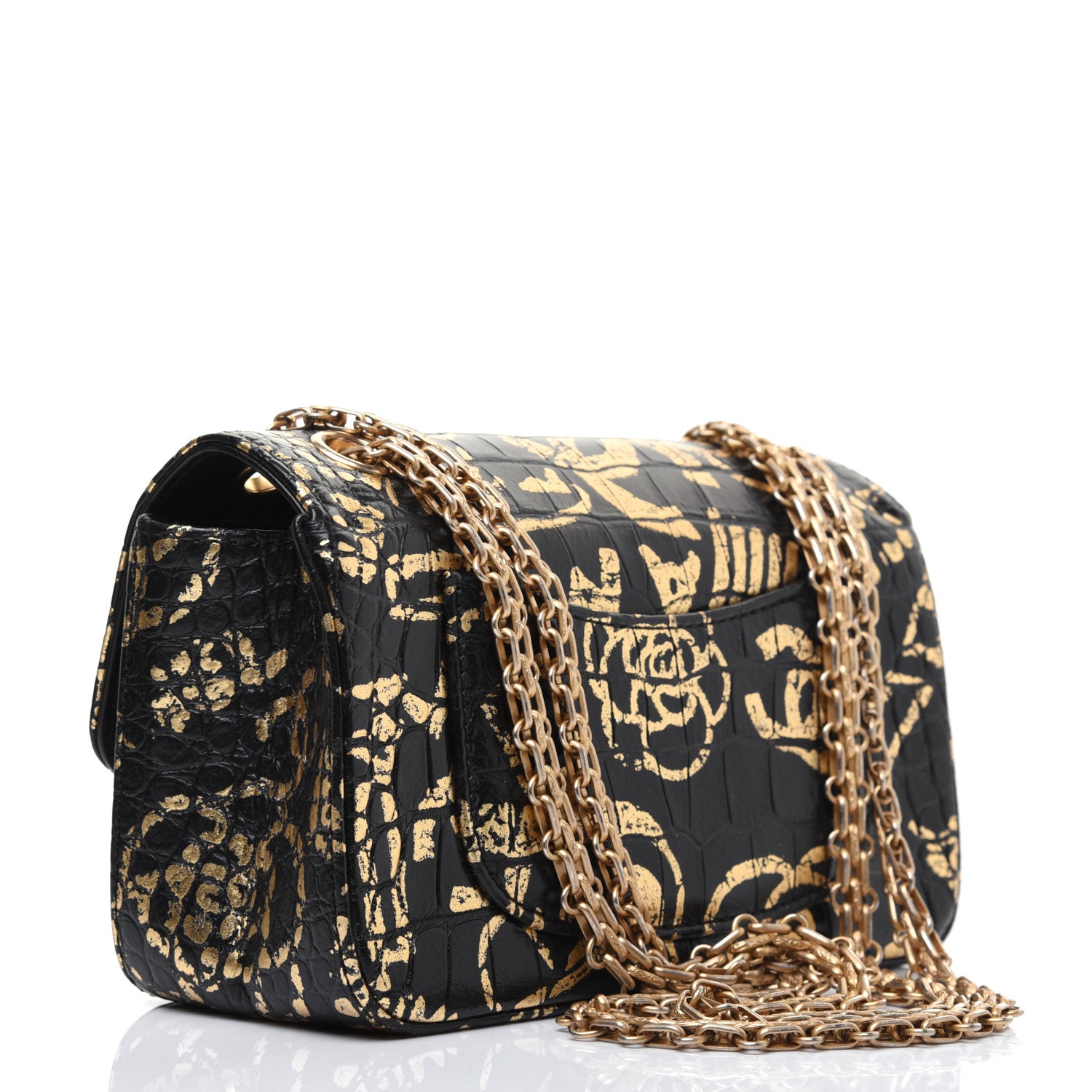 Chanel Calfskin Crocodile Embossed Graffiti 2.55 Mini Cocodile Reissue Flap Black Gold 3 of 21