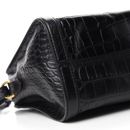 Alexander McQueen Calfskin Crocodile Embossed Small Skull Padlock Zip Around Tote Black 6 of 10