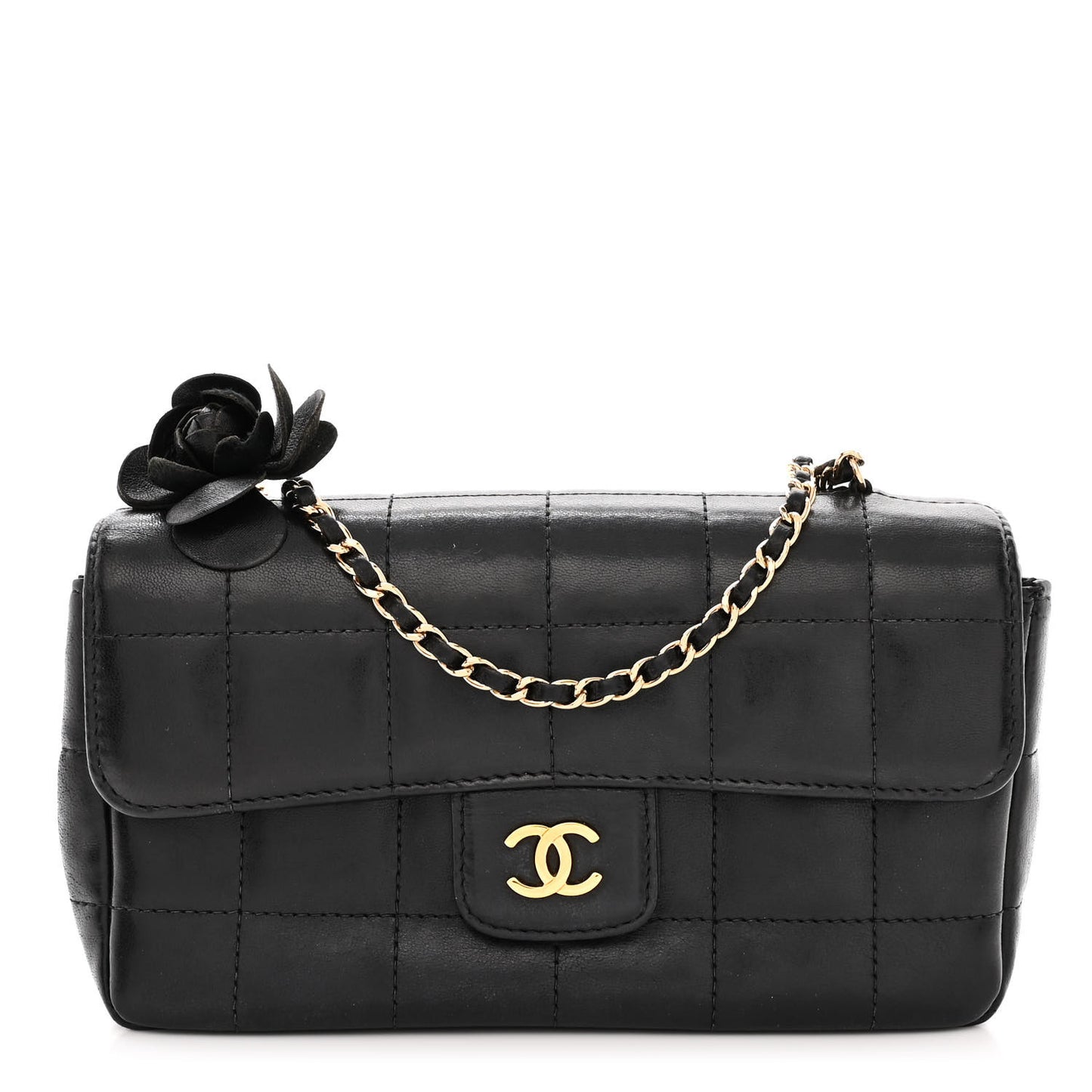 Lambskin Quilted Mini Chocolate Bar Camellia Flap Black