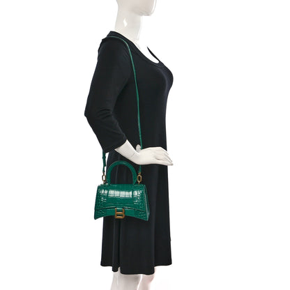 Balenciaga Shiny Calfskin Crocodile Embossed Hourglass Top Handle Bag XS Jade 2 of 13