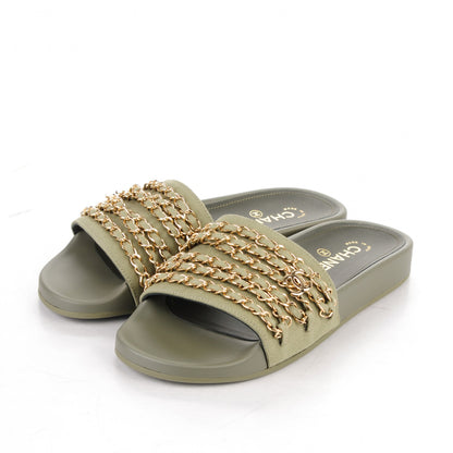 Chanel Lambskin Canvas Chain Flat Sandals 38 Khaki 3 of 7