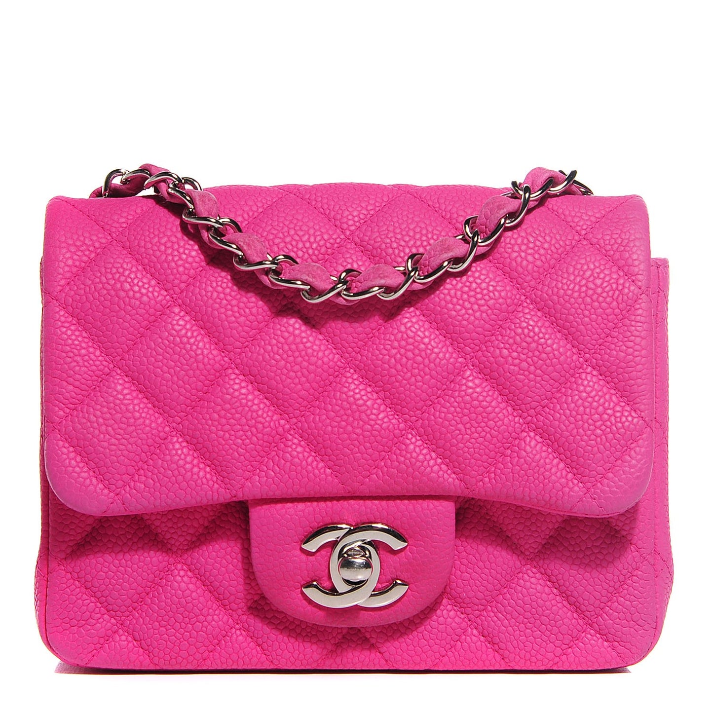 Iridescent Caviar Quilted Mini Square Flap Hot Pink