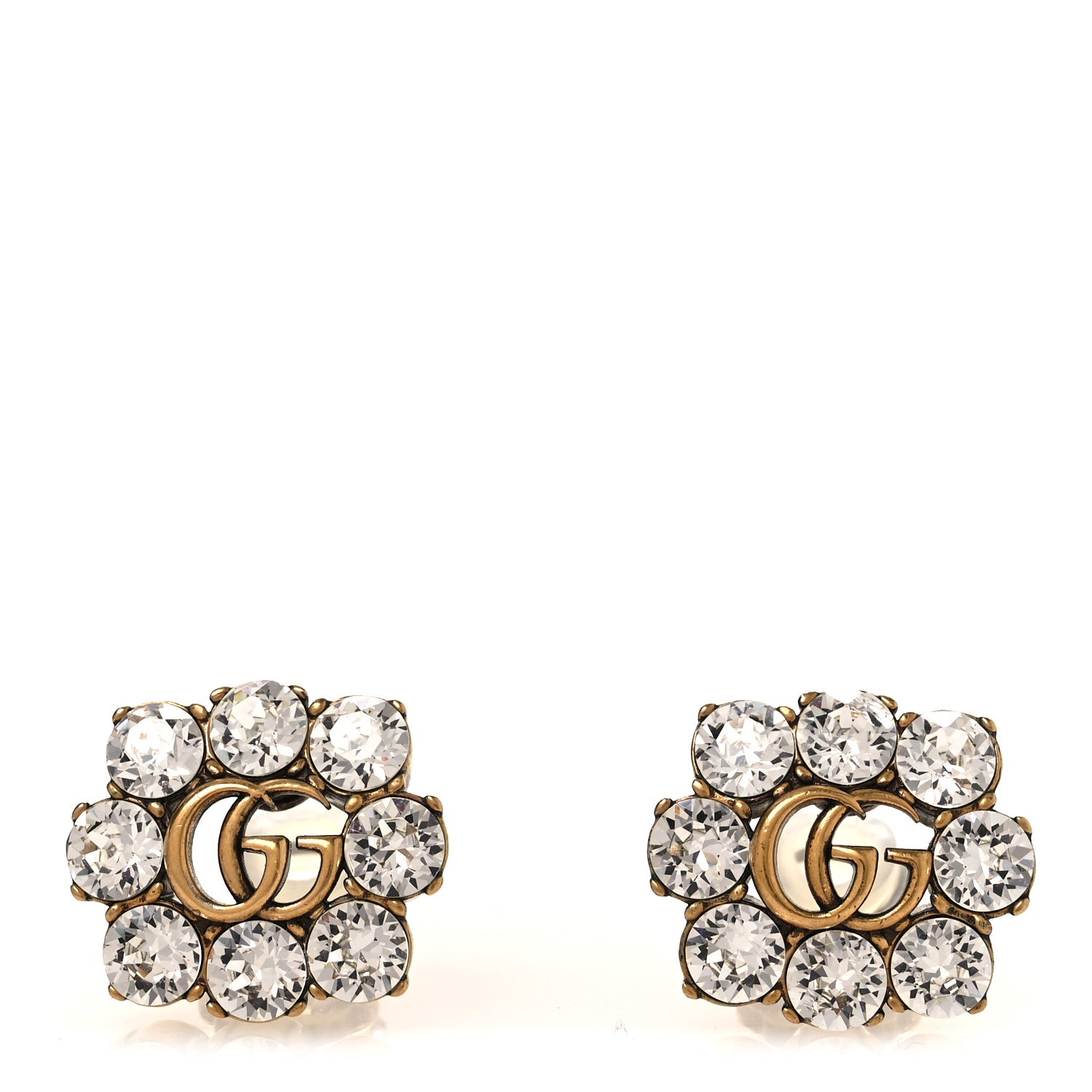 Gucci Metal Crystal Double G Clip On Earrings Aged Gold 1 of 4