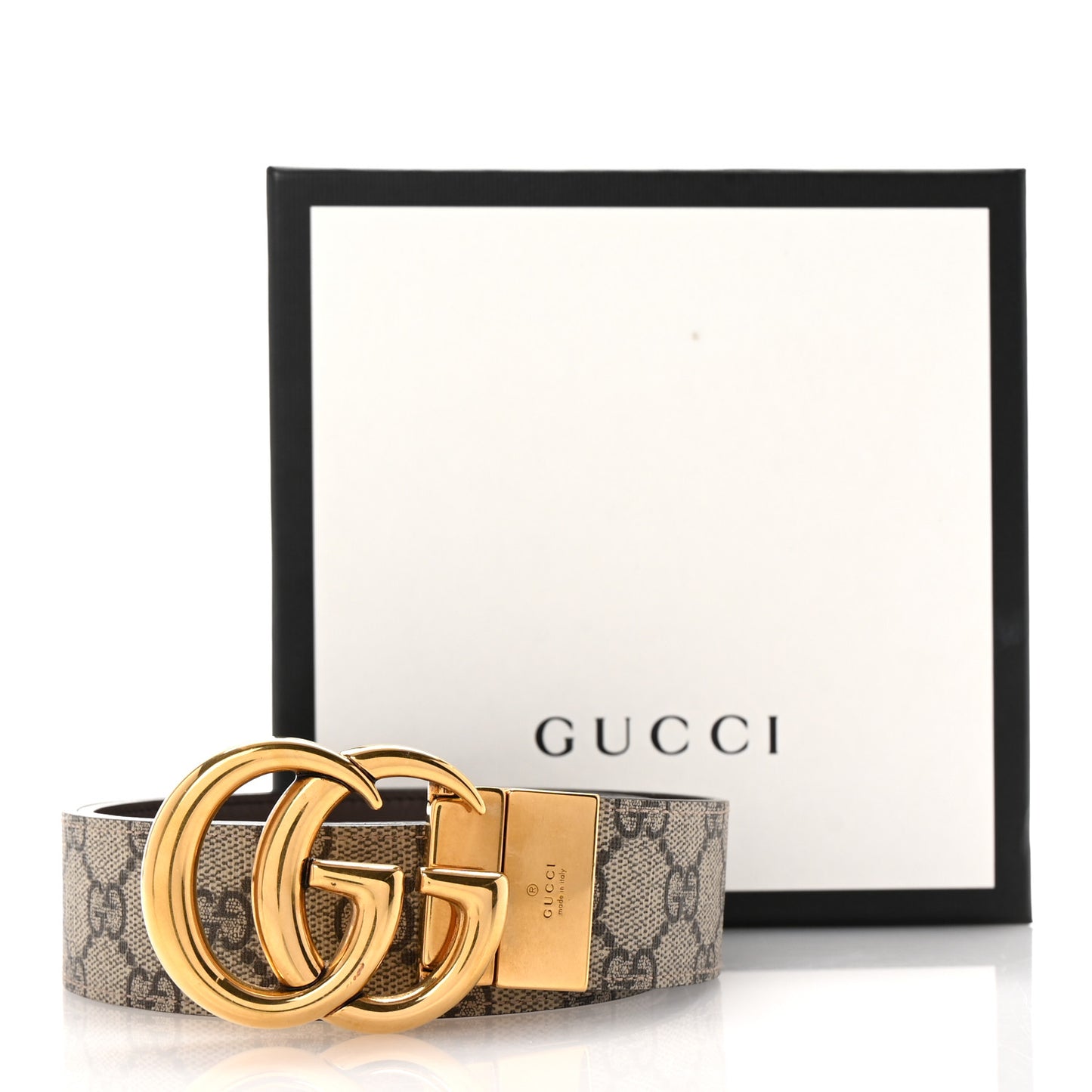 GG Supreme Monogram Plutone Calfskin Double G Reversible 30mm Belt 85 34 Beige Ebony New Acero