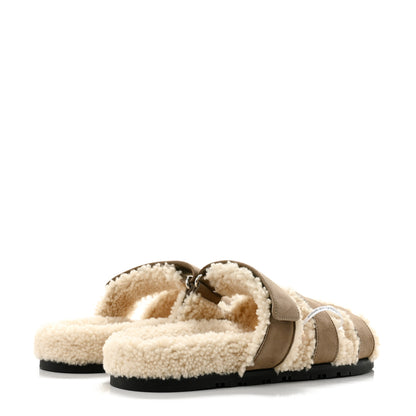 Hermes Suede Goatskin Woolskin Womens Chypre Sandals 39 Etoupe Ecru 5 of 10