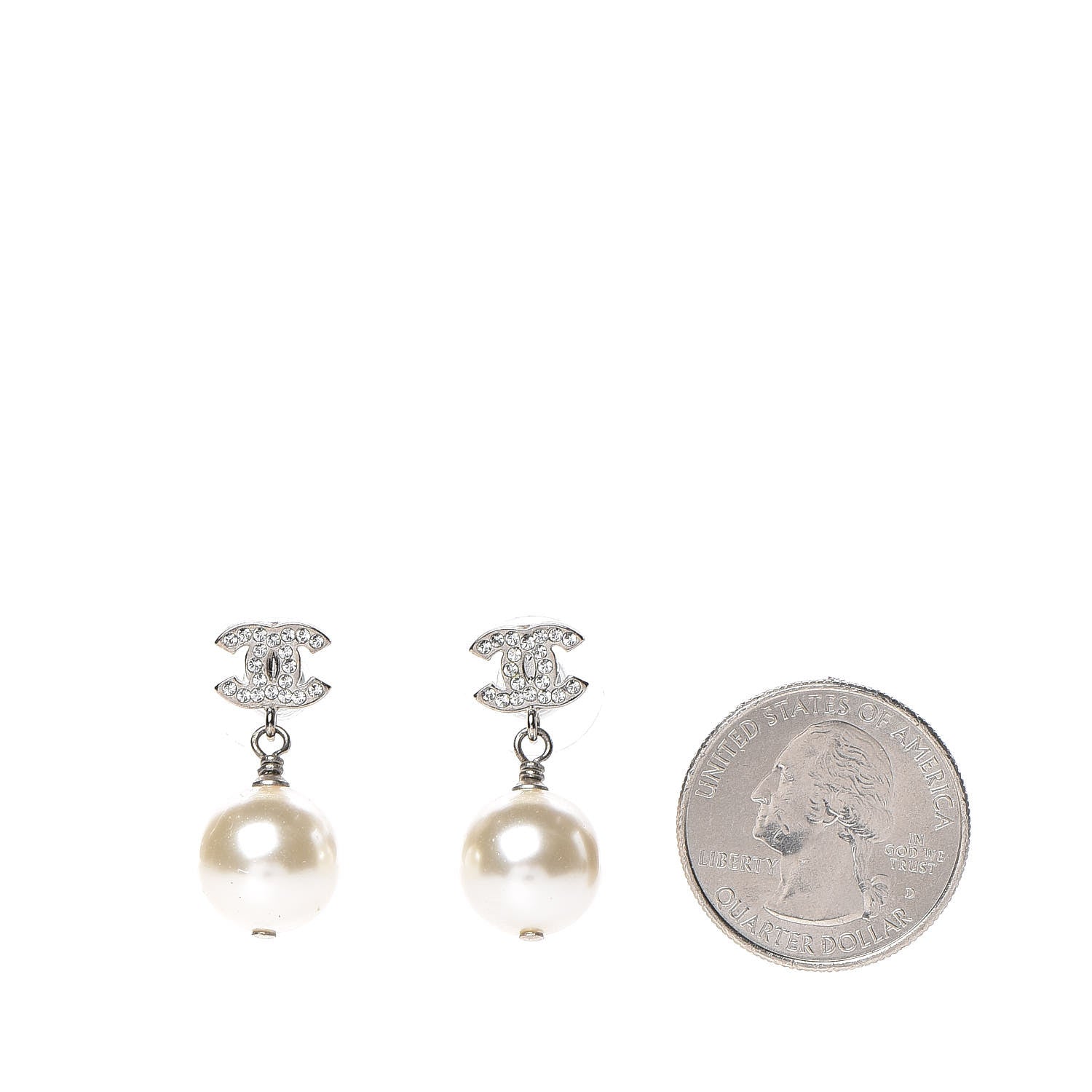 Chanel Crystal Pearl CC Drop Earrings Silver Pearly White 2 of 4