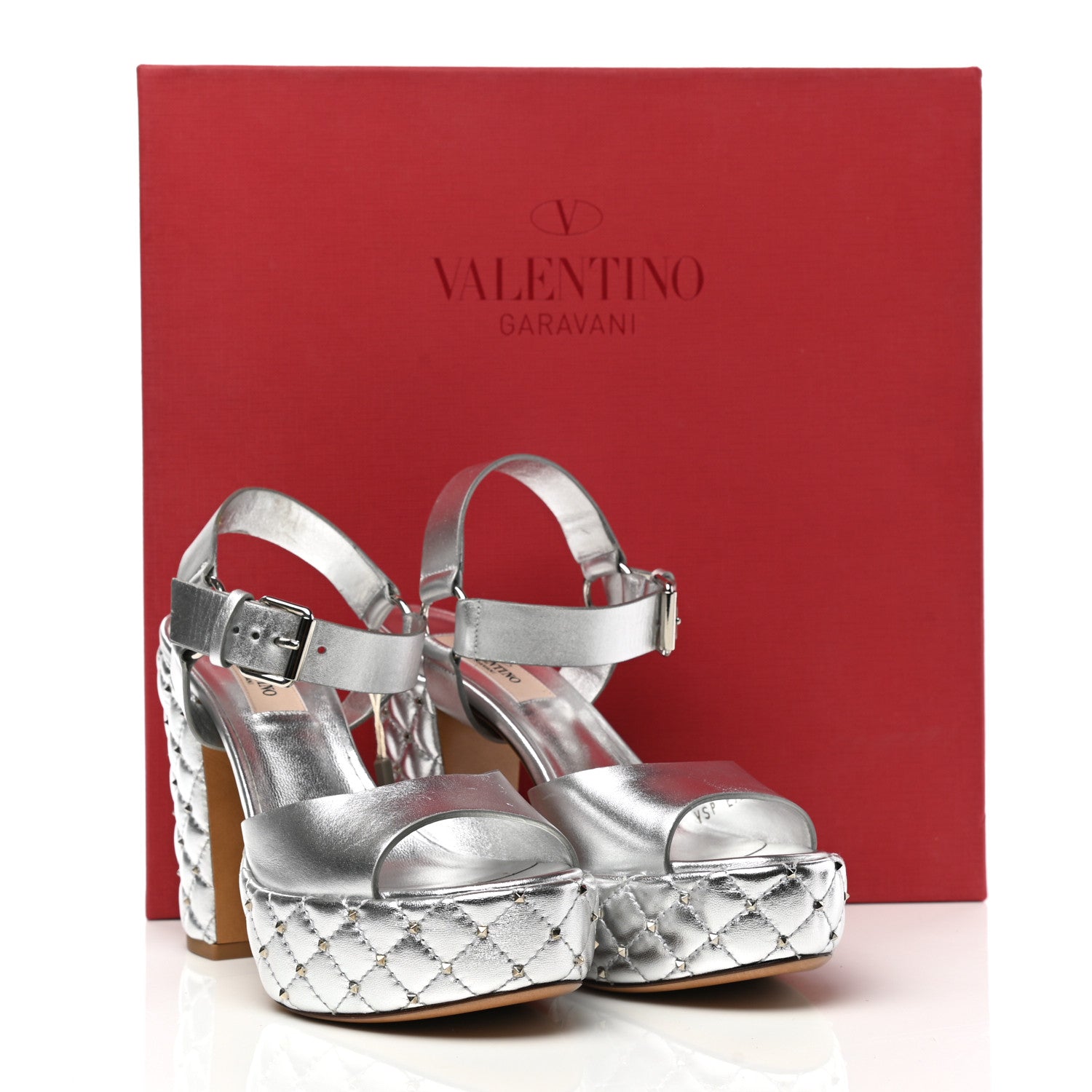 Valentino Garavani Metallic Nappa Quilted Rockstud Spike Platform Sandals 36 Silver 11 of 11