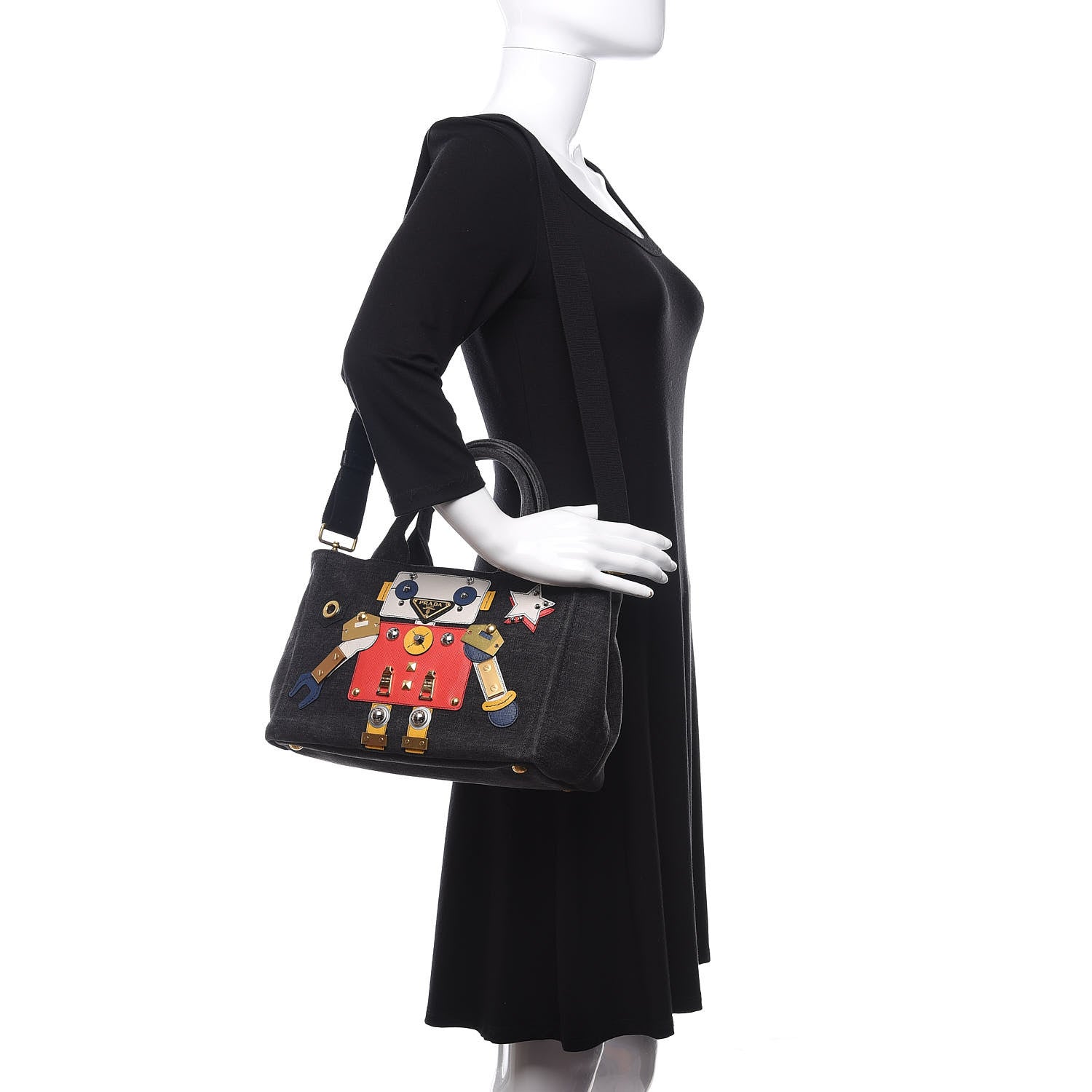 Prada Denim Robot Tote Bag Black 2 of 13