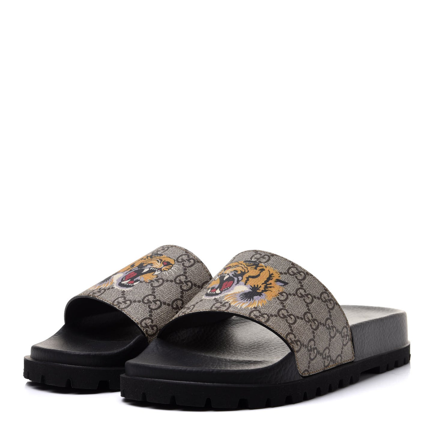 GG Supreme Monogram Tiger Mens Lug Sole Slide Sandals 9 Ebony