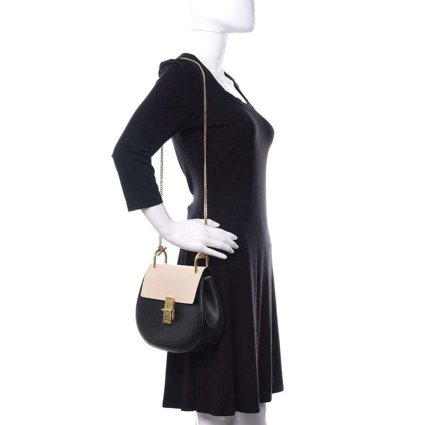 Grained Calfskin Lambskin Bi-Color Drew Shoulder Bag Black Powder Beige