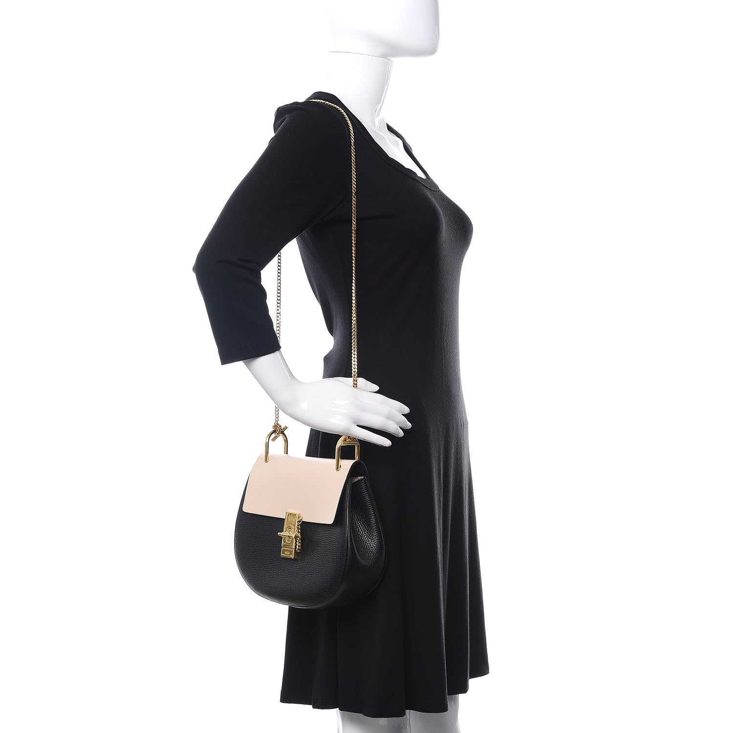 Chloe Grained Calfskin Lambskin Bi-Color Drew Shoulder Bag Black Powder Beige 2 of 12