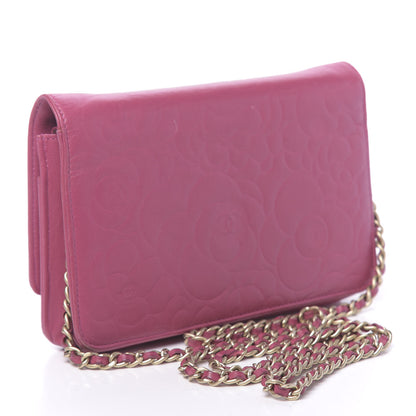 Chanel Lambskin Camellia Embossed Wallet On Chain WOC Pink 3 of 12