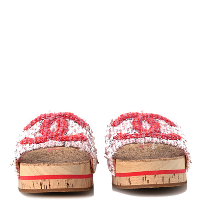 Chanel Tweed Lambskin Cork CC Mule Sandals 36 Pink Red 3 of 10