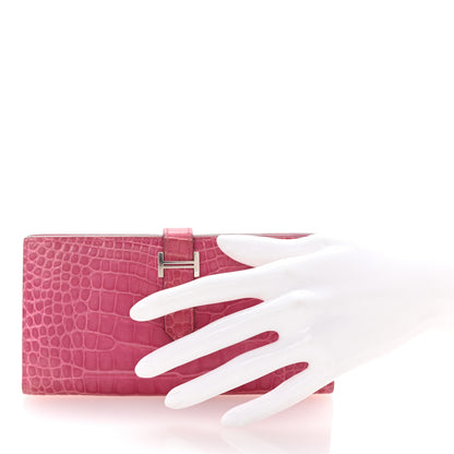 Hermes Shiny Alligator Bearn Wallet Rose Scheherazade 2 of 8