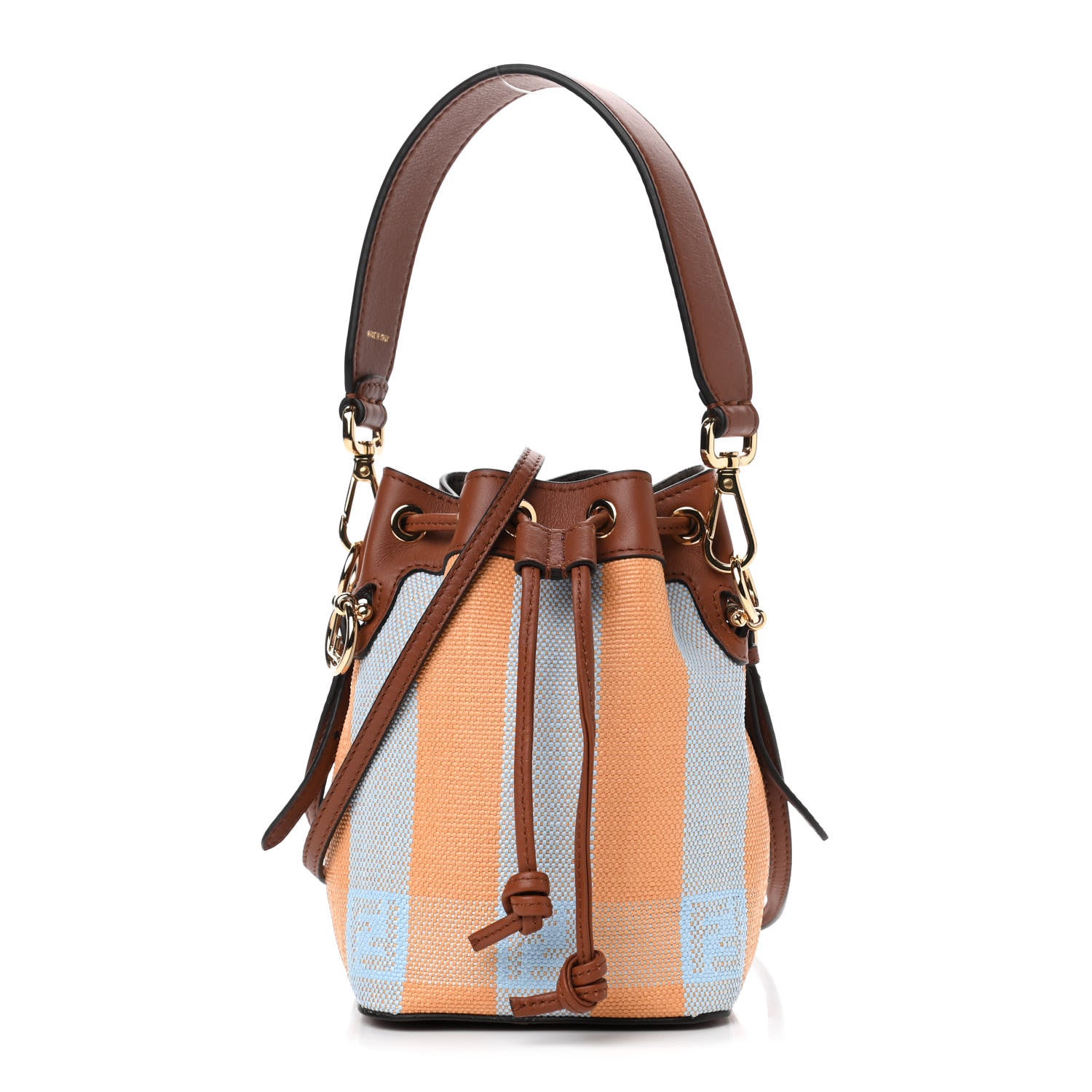 Fendi Raffia Vitello Seta F is Fendi Pequin Gingham Woven Mini Mon Tresor Bucket Bag Giallo Celeste Noce 1 of 4