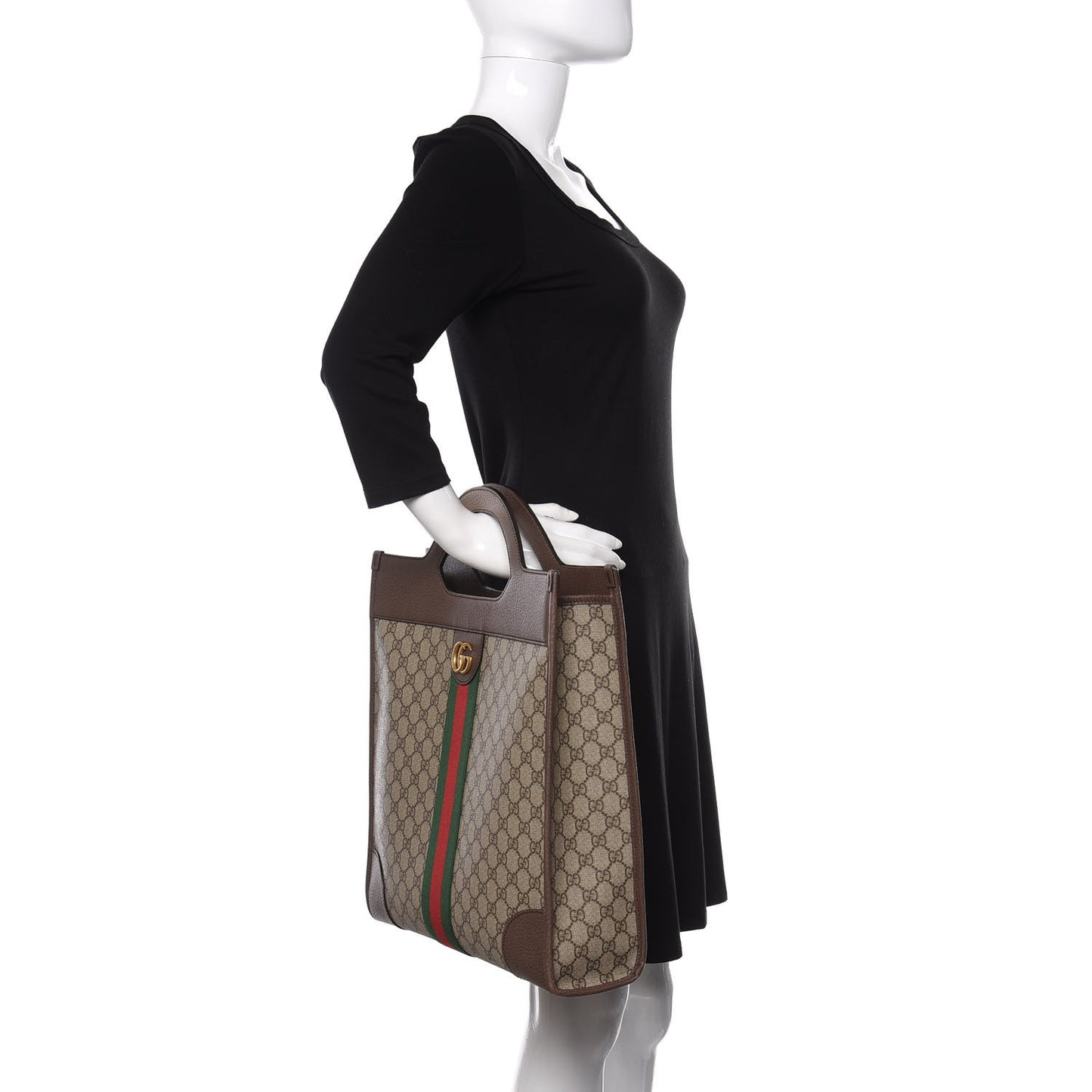 GG Supreme Monogram Textured Calfskin Web Medium Ophidia Slip Handle Tote Beige Ebony New Acero