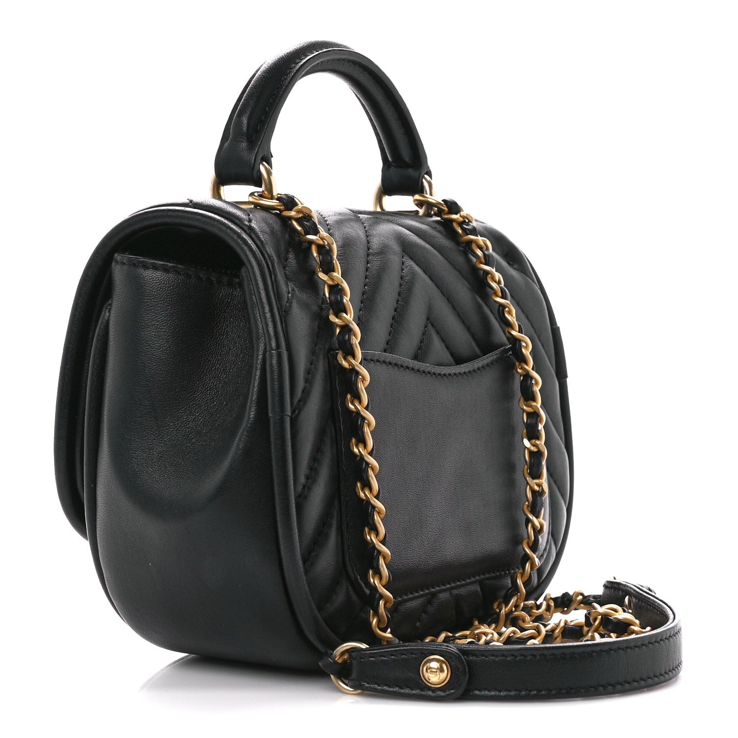 Lambskin Reverse Chevron Quilted Mini Round Top Handle Flap Black