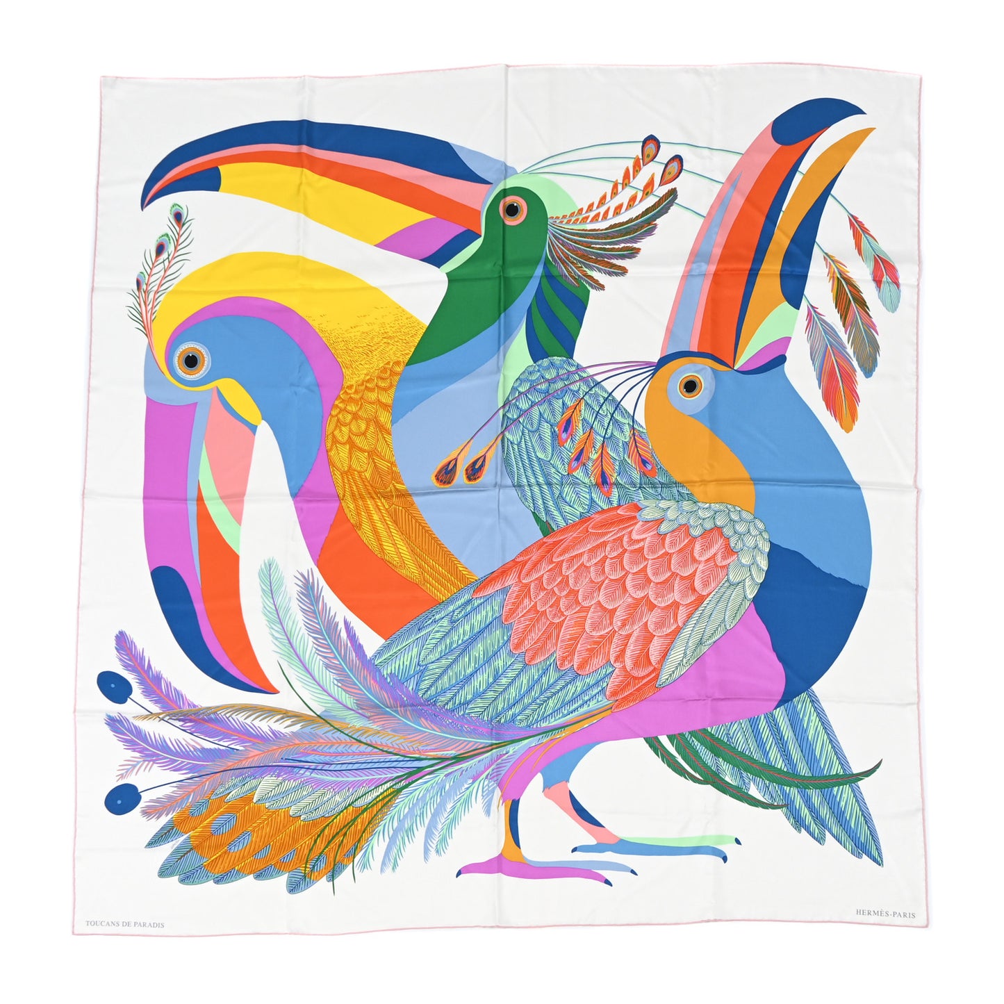 Silk Giant Toucans De Paradis Scarf 140 White Bleu Multicolor