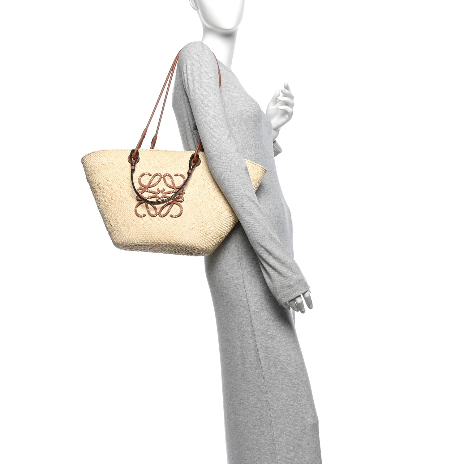 Loewe Calfskin Raffia Paulas Ibiza Medium Anagram Basket Tote Bag Natural Tan 2 of 12