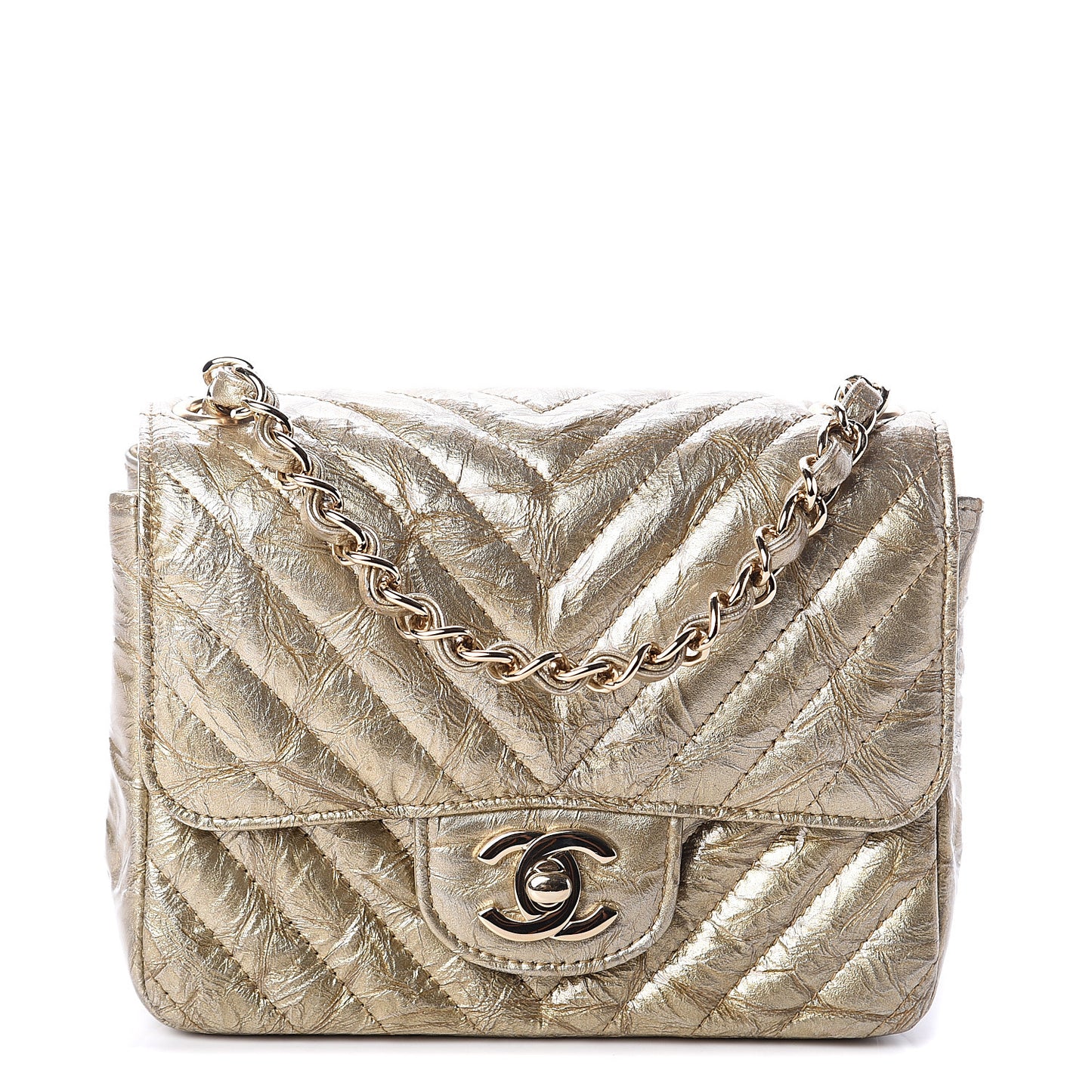 Patent Metallic Crumpled Calfskin Chevron Quilted Mini Square Flap Gold