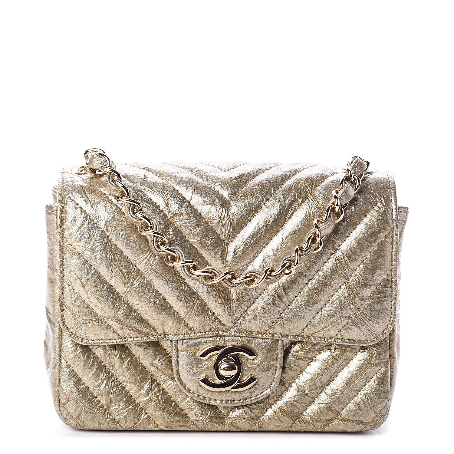 Chanel Patent Metallic Crumpled Calfskin Chevron Quilted Mini Square Flap Gold 1 of 7