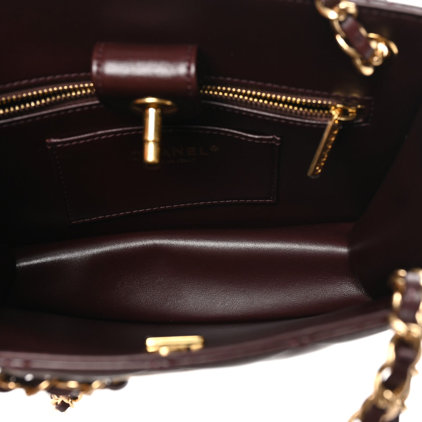 Shiny Calfskin Quilted Small Shopping Bag Burgundy