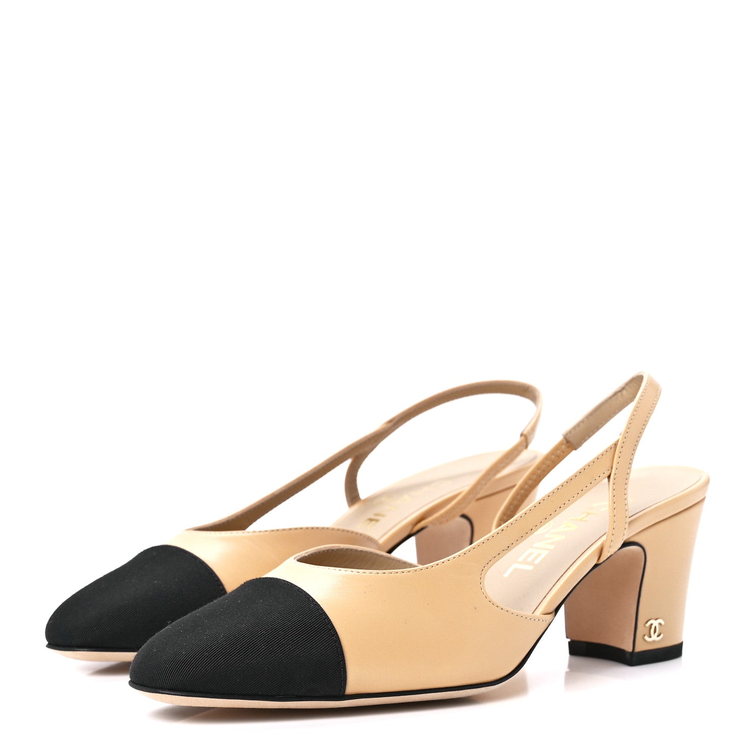 Chanel Lambskin Grosgrain Cap Toe CC Slingback Pumps 36.5 Beige Black 3 of 10