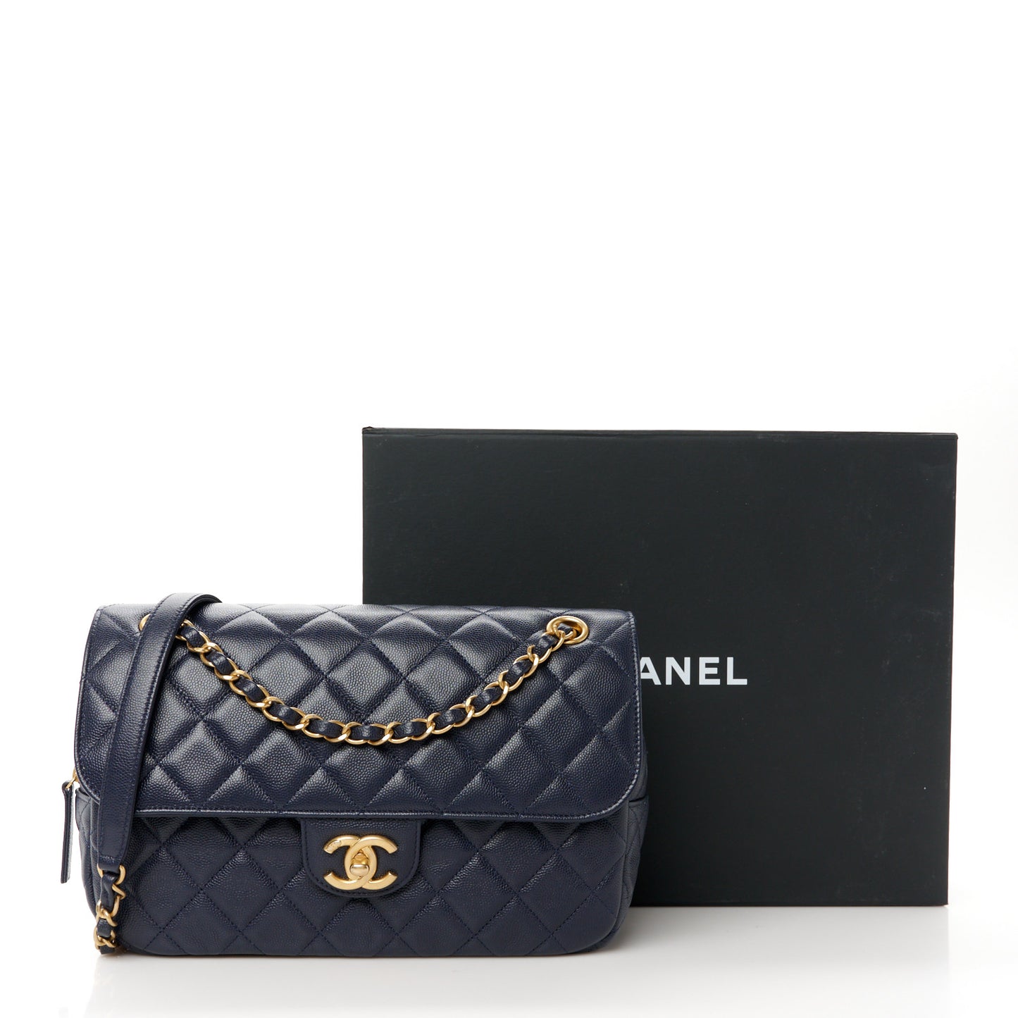 Caviar Quilted Medium Single Flap Navy