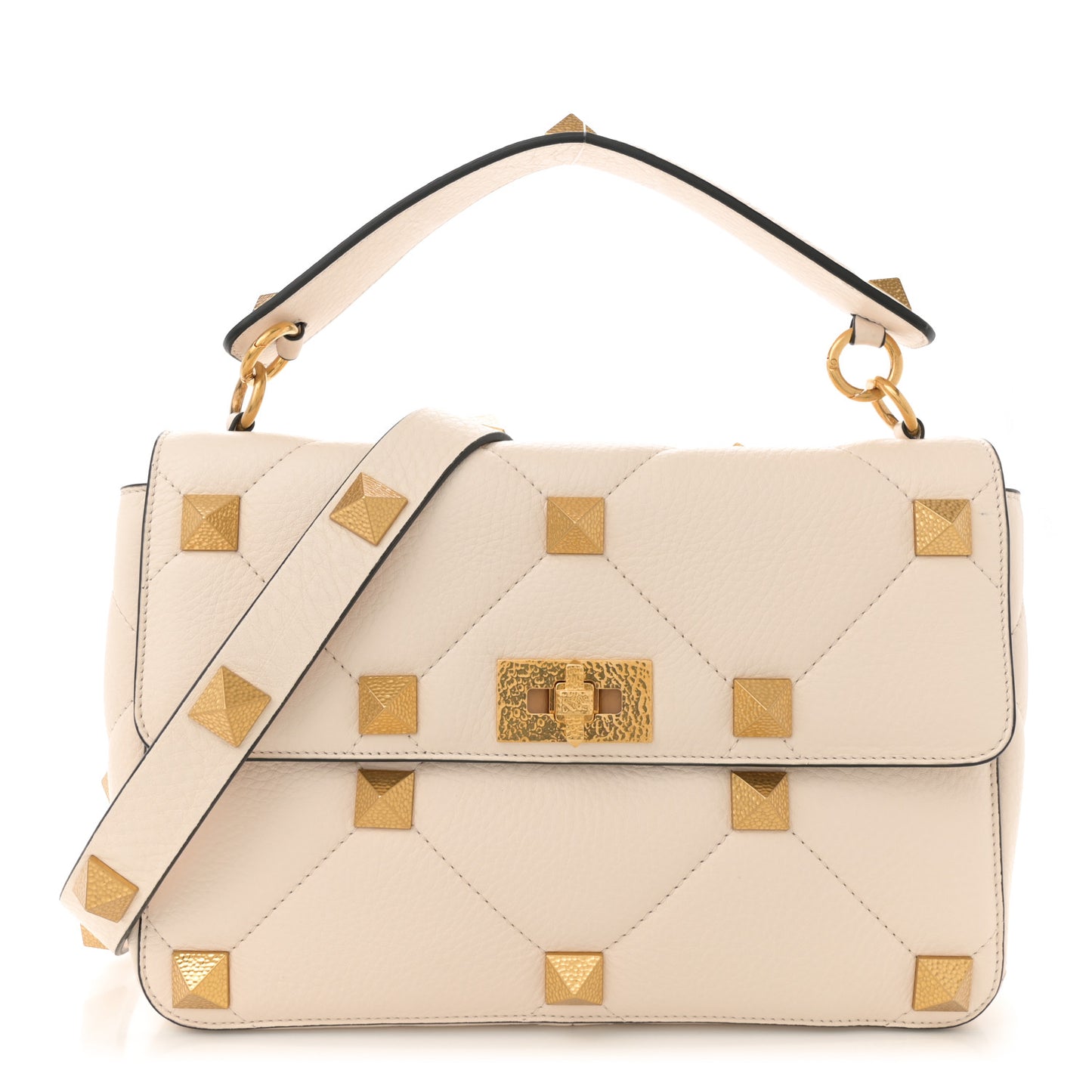 Grained Calfskin Large Roman Stud Shoulder Bag Light Ivory
