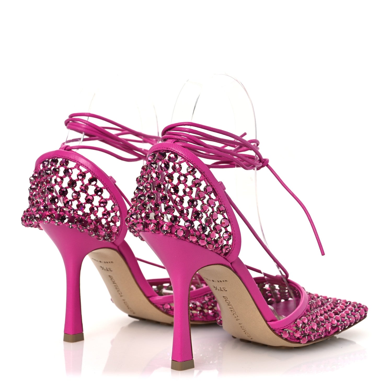 Bottega Veneta Mesh Nappa Crystal Embellished Sparkle Stretch Ankle Tie 90mm Sandals 37.5 Hollyhock 5 of 10