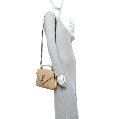 Saint Laurent Sheepskin Matelasse Chevron Monogram Medium College Bag Dark Beige 2 of 13