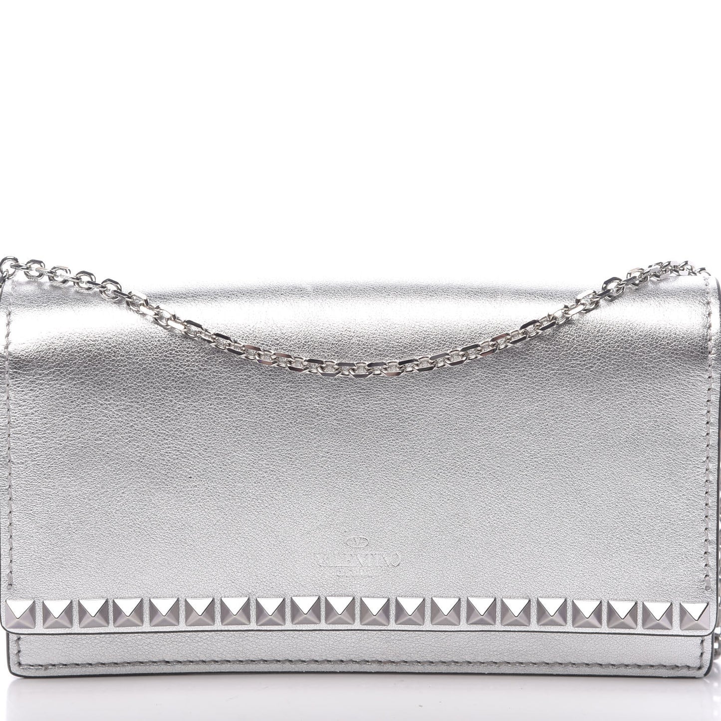 Metallic Calfskin Rockstud No Limit Wallet On Chain Silver